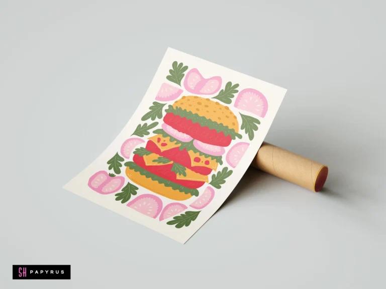 Vibrant block print artwork of a layered hamburger with pink, green, and red accents.