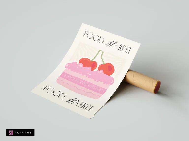 Whimsical pink cherry cake art print with modern Food Market typography for kitchen decor.
