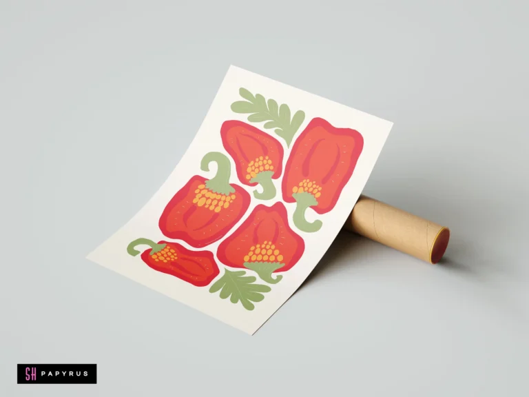 Maximalist illustration of vibrant red bell peppers and green leaves on a cream background.