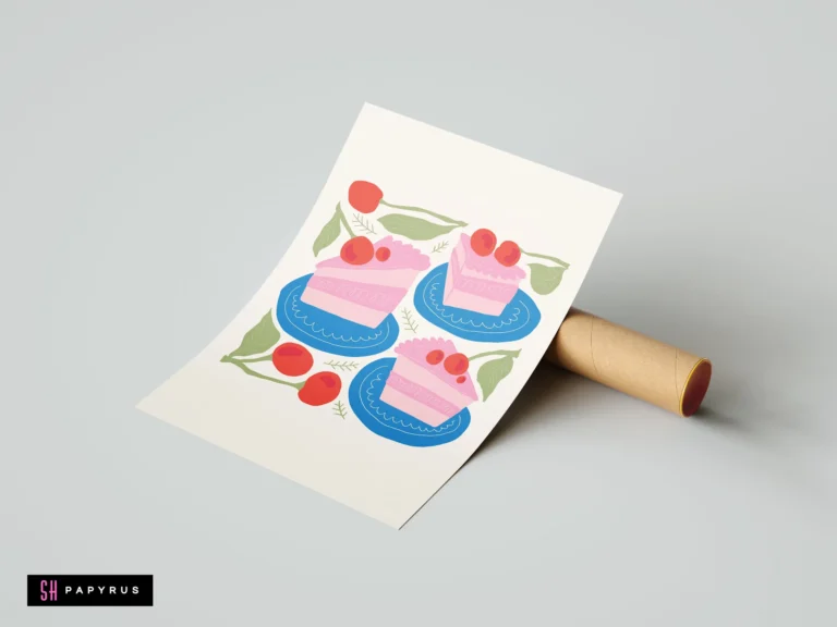 Illustrative kitchen art print featuring pink cherry cake slices on blue plates.