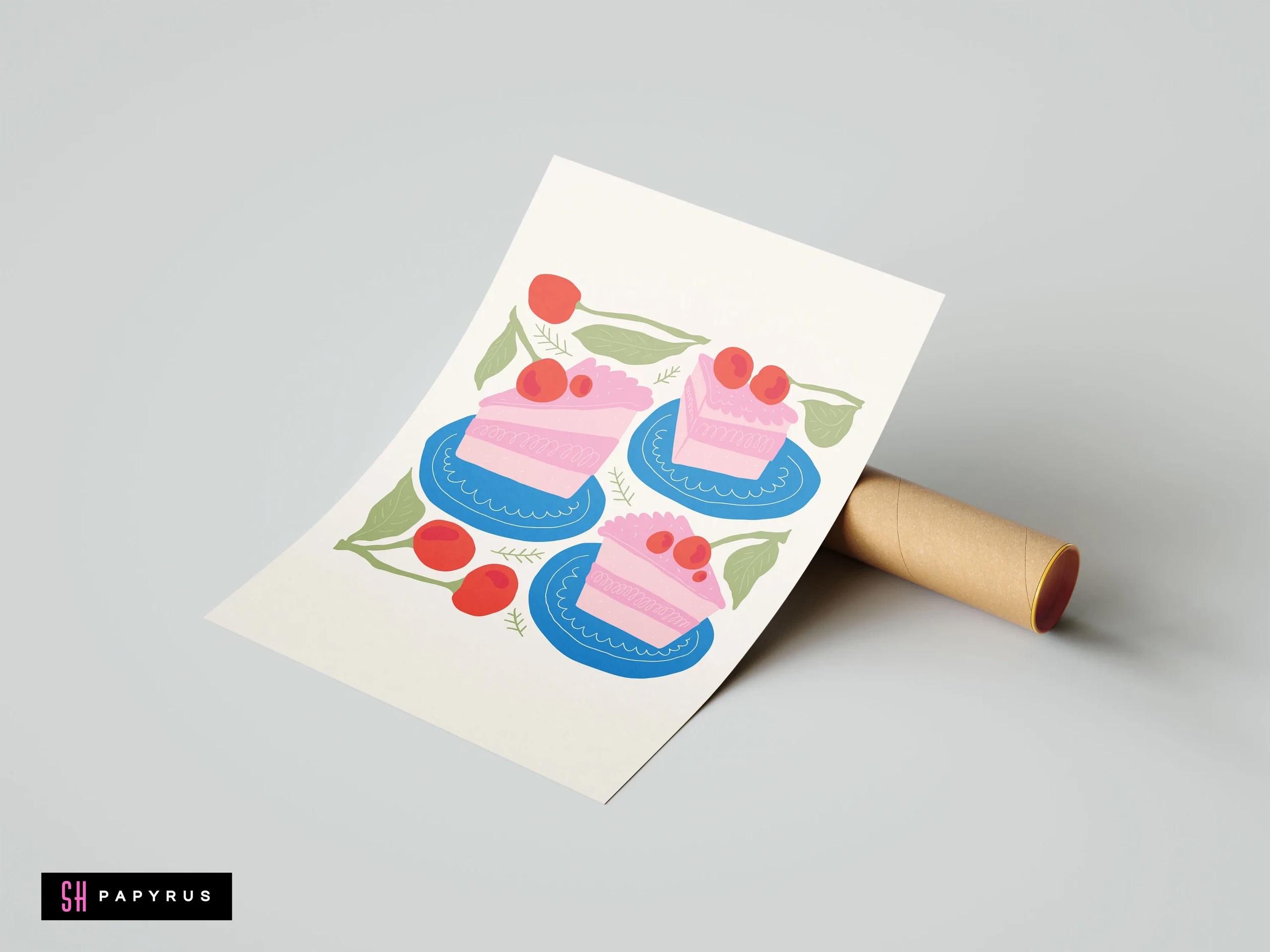 Illustrative kitchen art print featuring pink cherry cake slices on blue plates.