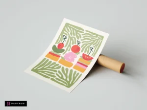 Matisse-style kitchen wall art featuring colorful illustrated canapés and sage green organic shapes.