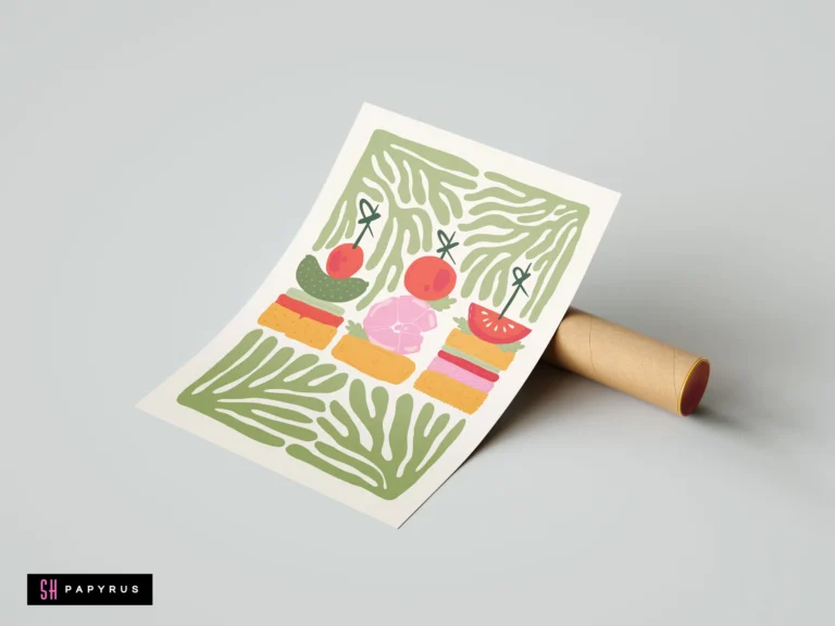Matisse-style kitchen wall art featuring colorful illustrated canapés and sage green organic shapes.