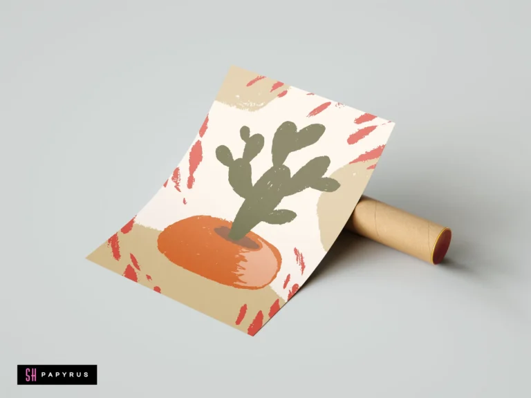 Minimalist rustic cactus art print in sage green and terracotta with abstract textured patterns.
