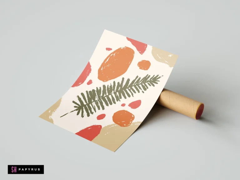 Abstract kitchen wall art with a green fern leaf and earthy terracotta shapes.