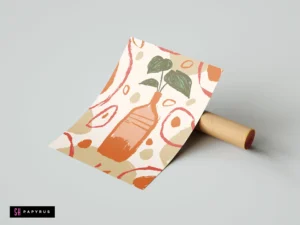 Abstract rustic art print of a potted plant in terracotta, sage green, and earthy tones.