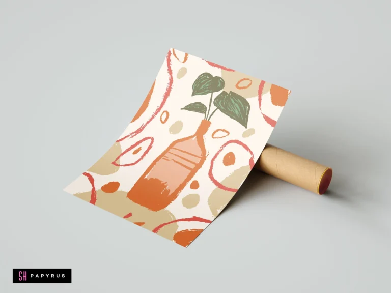 Abstract rustic art print of a potted plant in terracotta, sage green, and earthy tones.