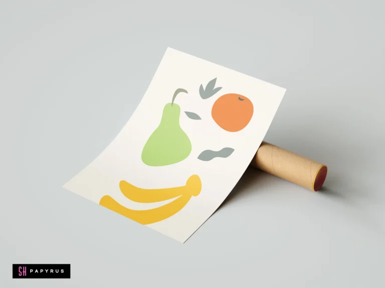 Minimalist kitchen wall art featuring abstract pear, banana, and orange shapes forming a face.