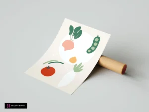 Abstract kitchen art print with colorful minimalist tomato, radish, and pea garden vegetable illustrations.