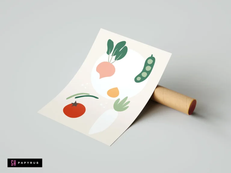 Abstract kitchen art print with colorful minimalist tomato, radish, and pea garden vegetable illustrations.
