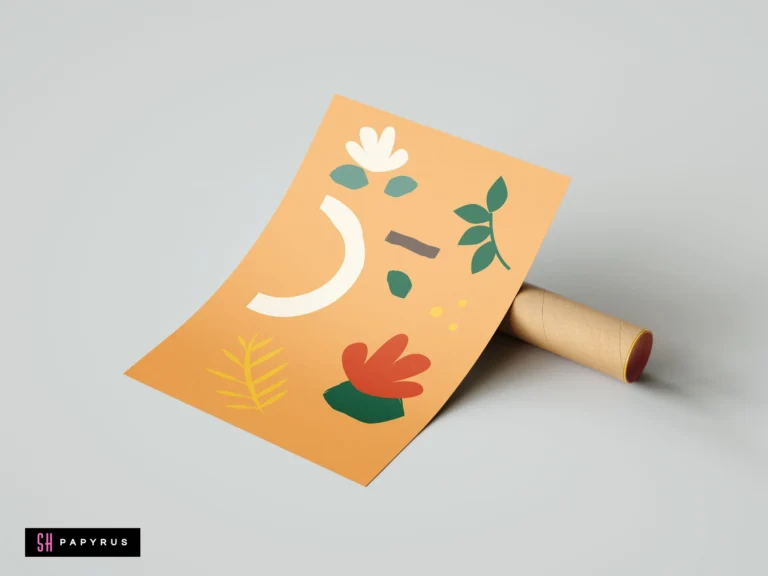 Vibrant orange Matisse-style art print featuring minimalist abstract floral and botanical shapes.