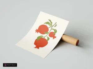 Minimalist pomegranate branch art print with vibrant red fruit and green leaves on cream paper
