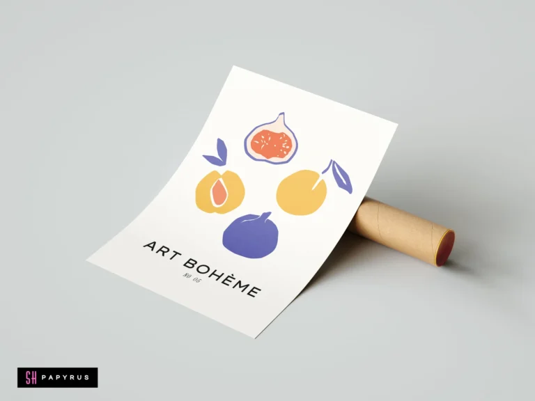 Matisse-style abstract fruit art print with colorful figs and peaches in purple and yellow.