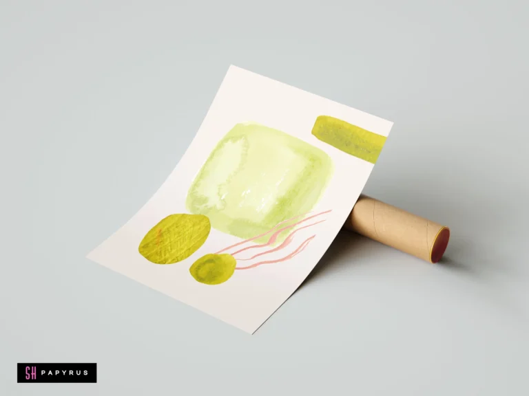 Playful abstract watercolor art print featuring green pickle shapes and pink accents.