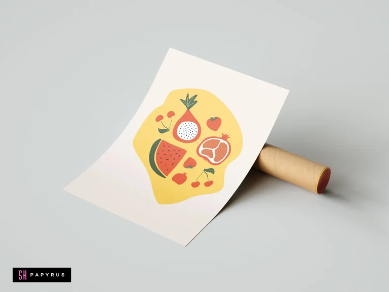 Stylized graphic art print of red summer fruits on a yellow background for kitchen decor.