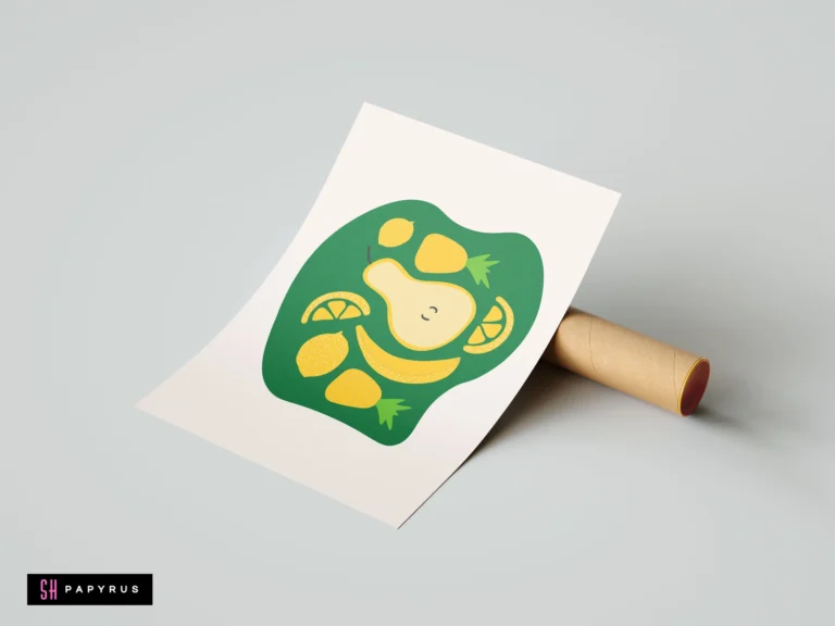 Minimalist art print featuring yellow tropical fruits on a green background for kitchen decor.