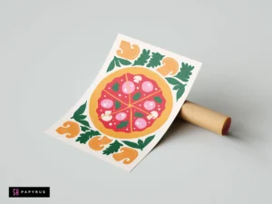 Stylized pizza illustration art print with mushrooms and green leaves in warm, cheerful colors.