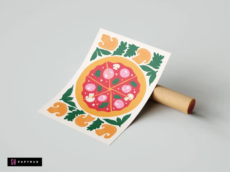 Stylized pizza illustration art print with mushrooms and green leaves in warm, cheerful colors.