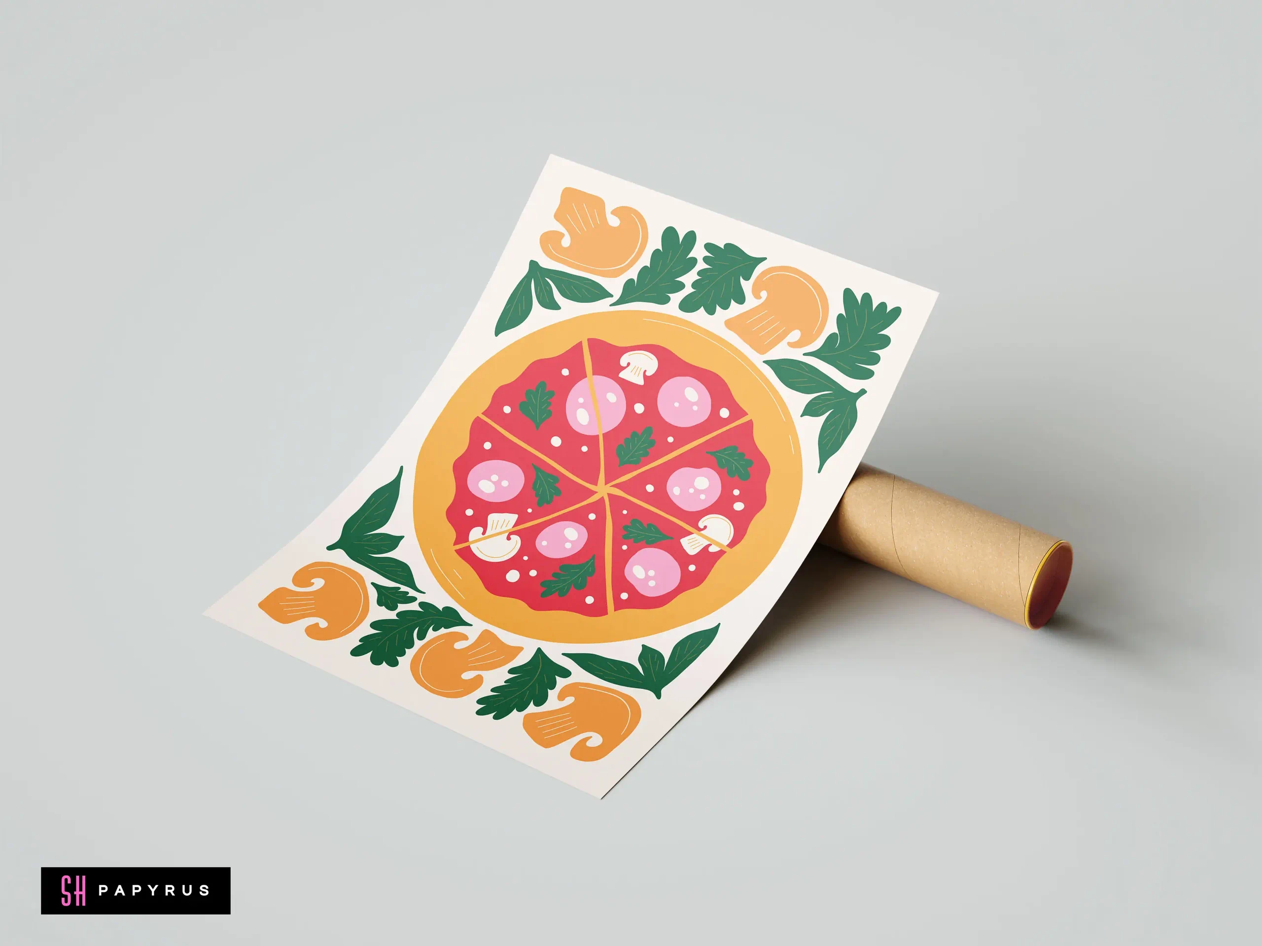 Stylized pizza illustration art print with mushrooms and green leaves in warm, cheerful colors.