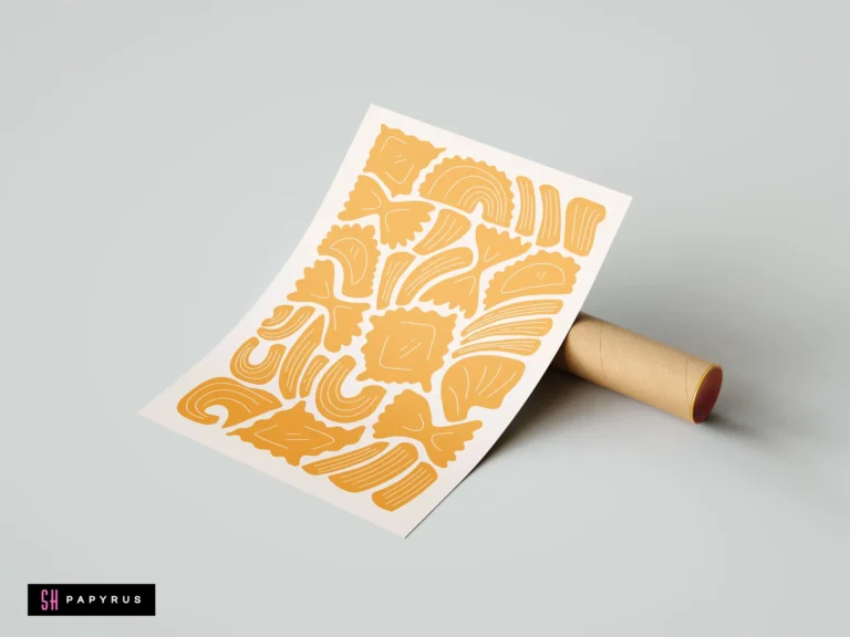 Minimalist block print poster featuring various orange pasta shapes on a white background.