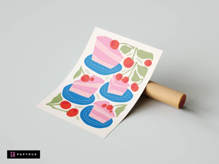 Illustrative art print featuring pink cherry cake slices on blue plates with green leaves.