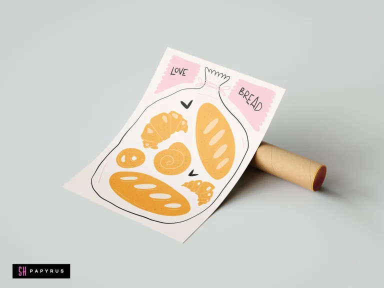 Whimsical illustrative art print of golden breads in a bakery bag with pink text.