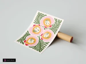 Vibrant Matisse-style floral art print with pink and orange flowers and green leaves.
