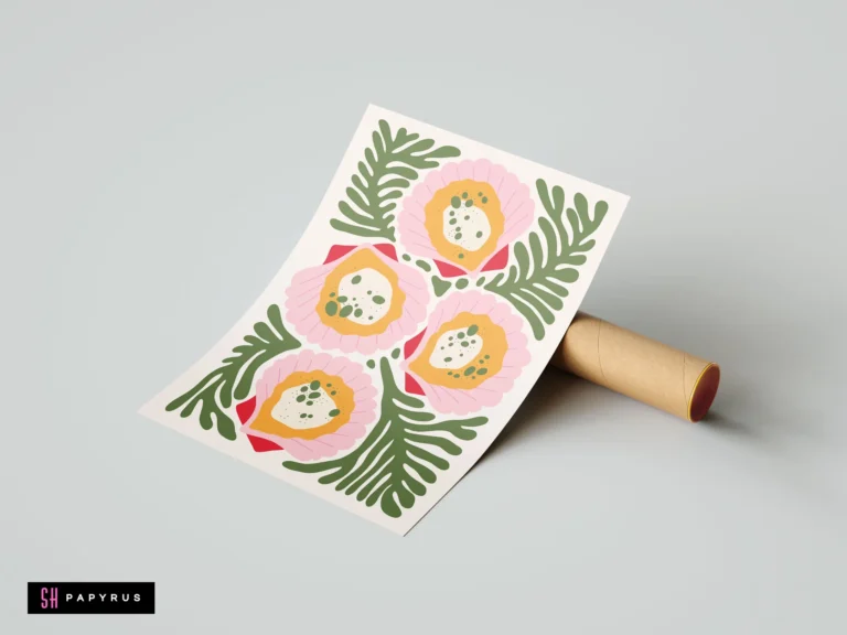 Vibrant Matisse-style floral art print with pink and orange flowers and green leaves.