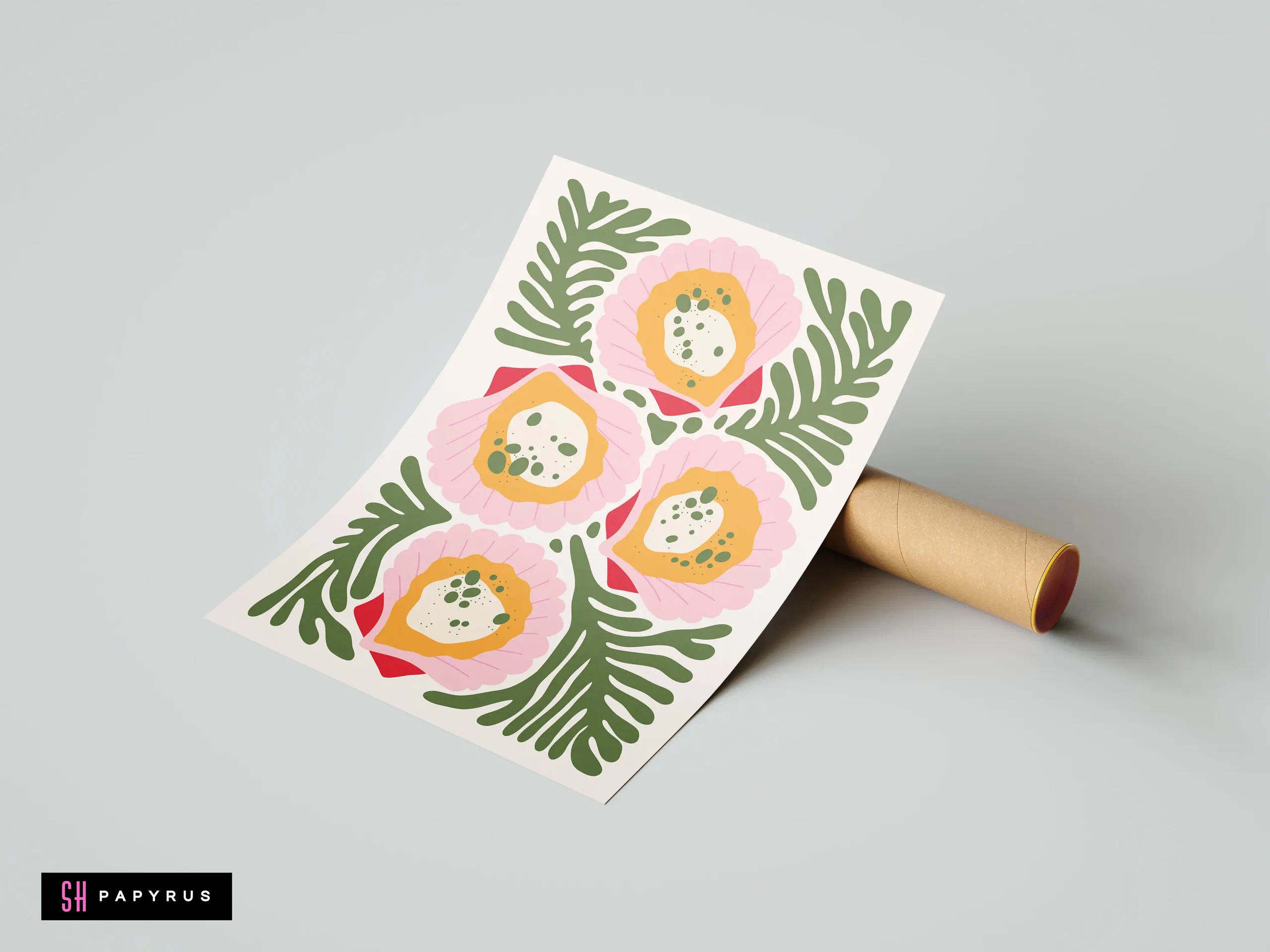 Vibrant Matisse-style floral art print with pink and orange flowers and green leaves.