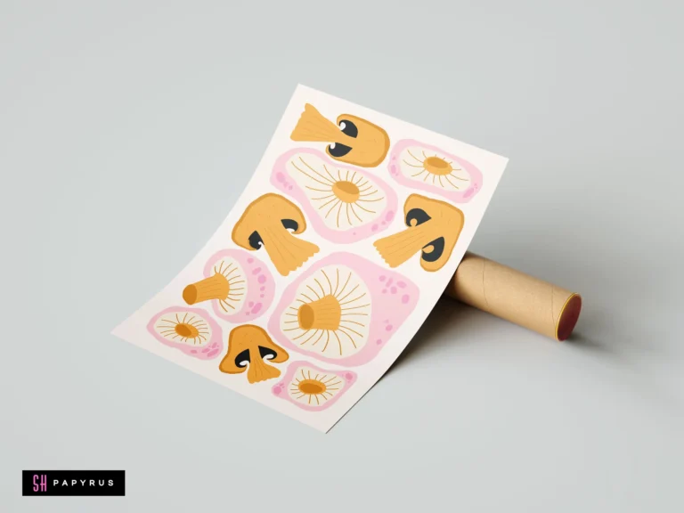 Funky retro art print featuring a pink and orange illustrated mushroom pattern.
