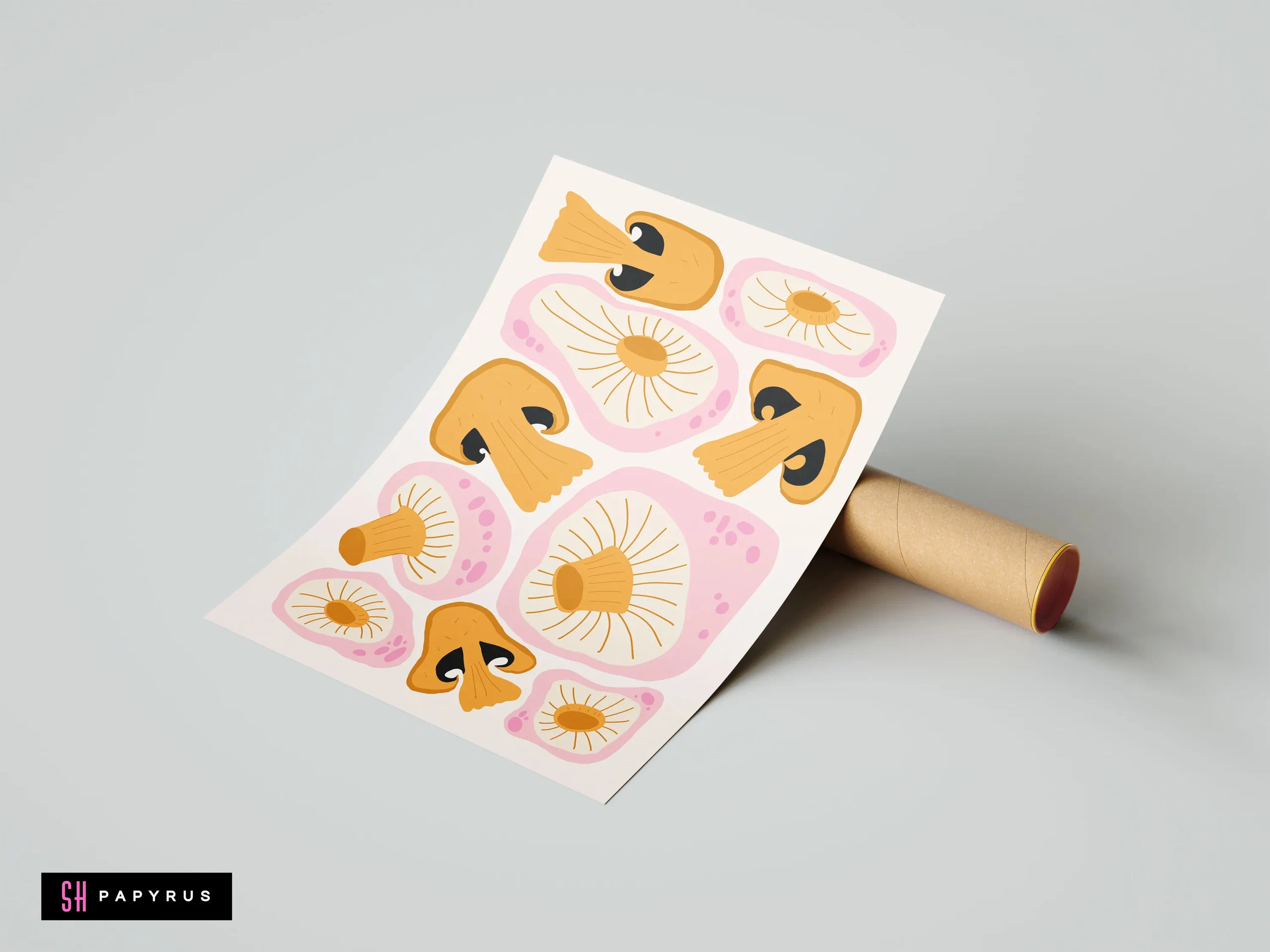 Funky retro art print featuring a pink and orange illustrated mushroom pattern.