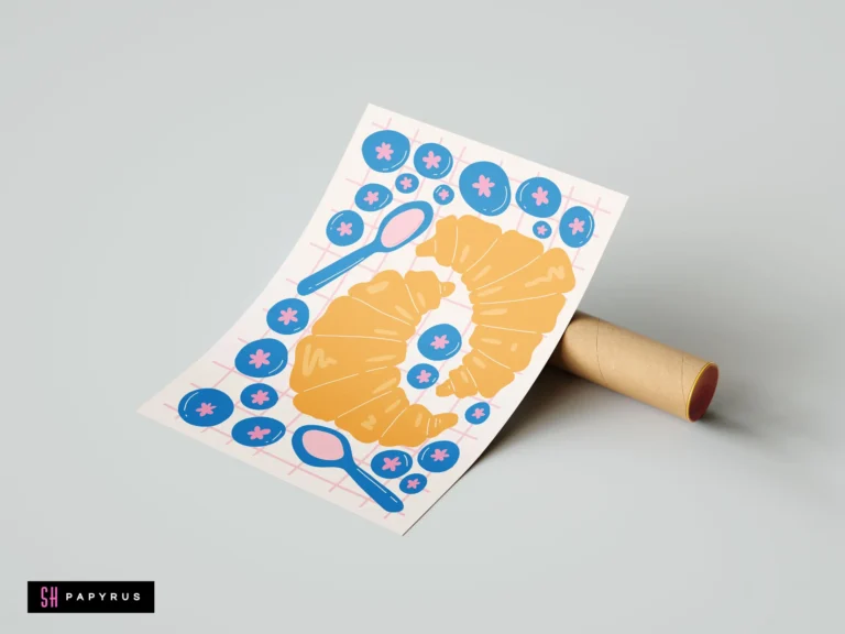 Whimsical kitchen art print featuring illustrated yellow croissants, blue berries, and spoons on grid.