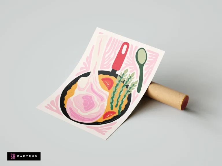 Vibrant abstract art print of a pink meat chop and green asparagus in a skillet.