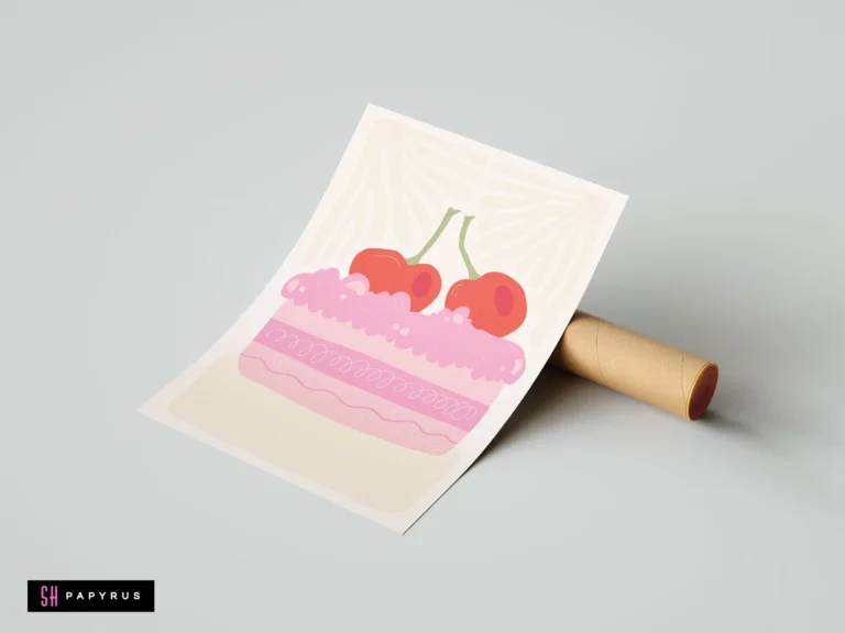 Whimsical pink cherry cake art print with a minimalist, hand-drawn illustration style.