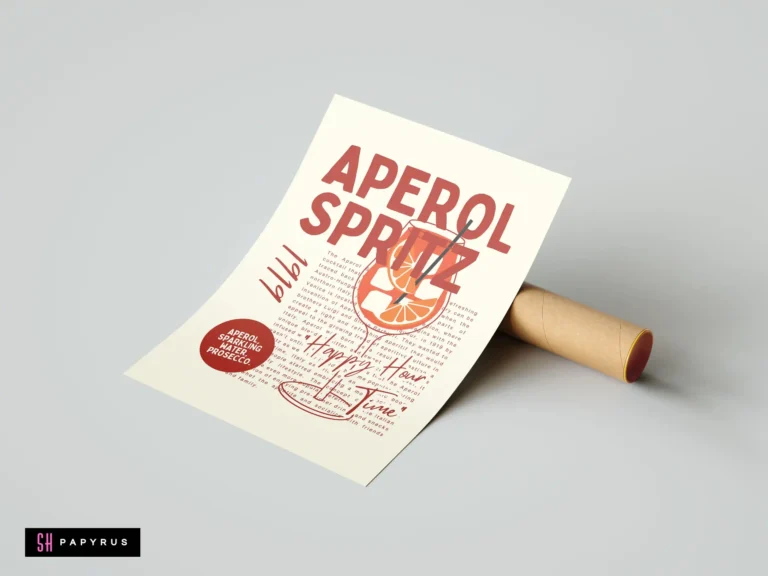 Retro Aperol Spritz typographic art poster with orange cocktail graphic and text on cream background.