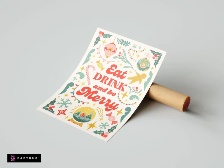Festive retro Christmas poster featuring Eat DRINK and be Merry text and holiday illustrations.