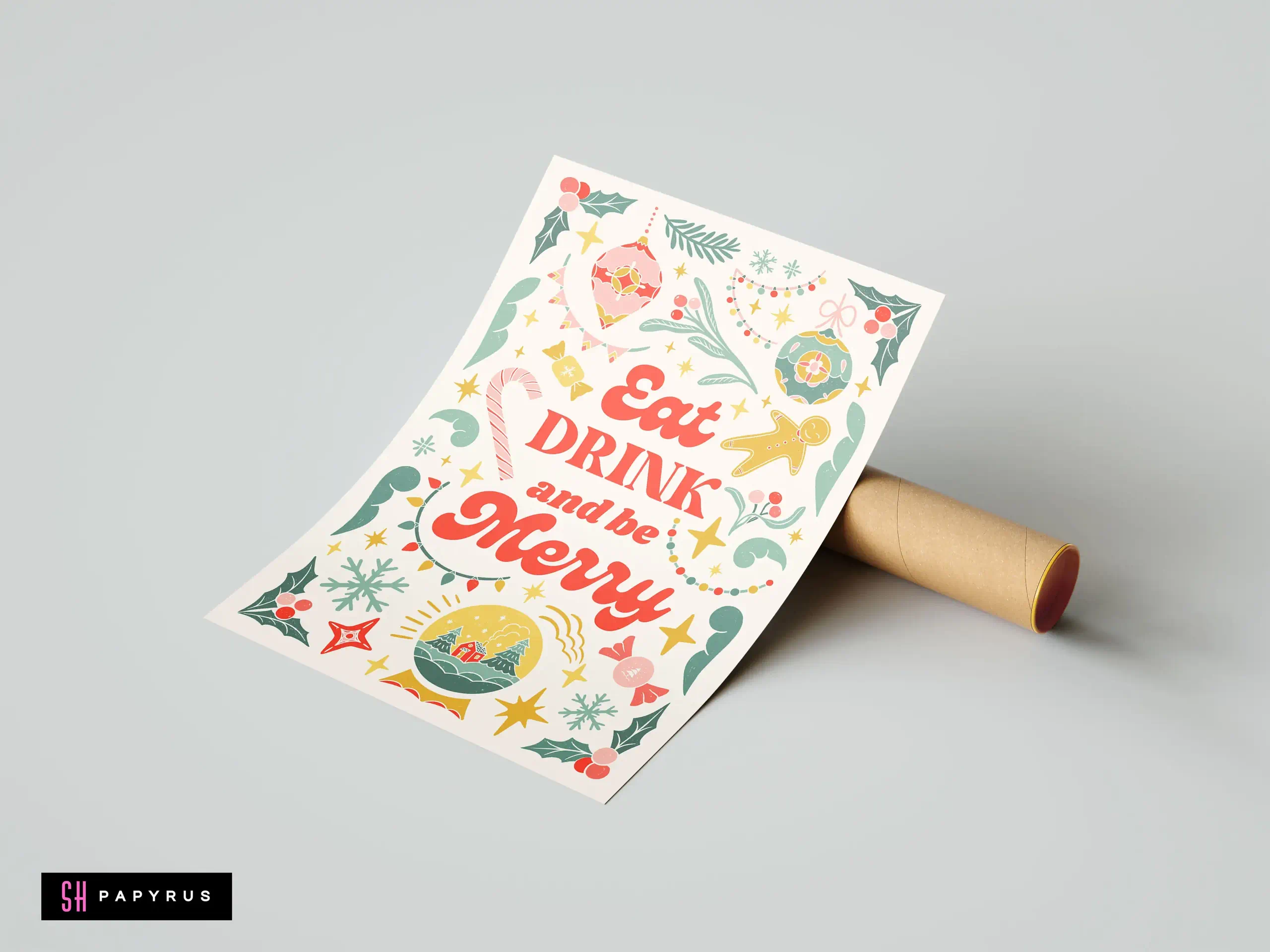 Festive retro Christmas poster featuring Eat DRINK and be Merry text and holiday illustrations.