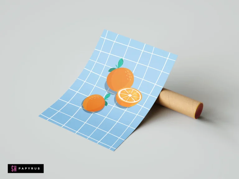 Minimalist illustration of oranges on a light blue grid background art print.