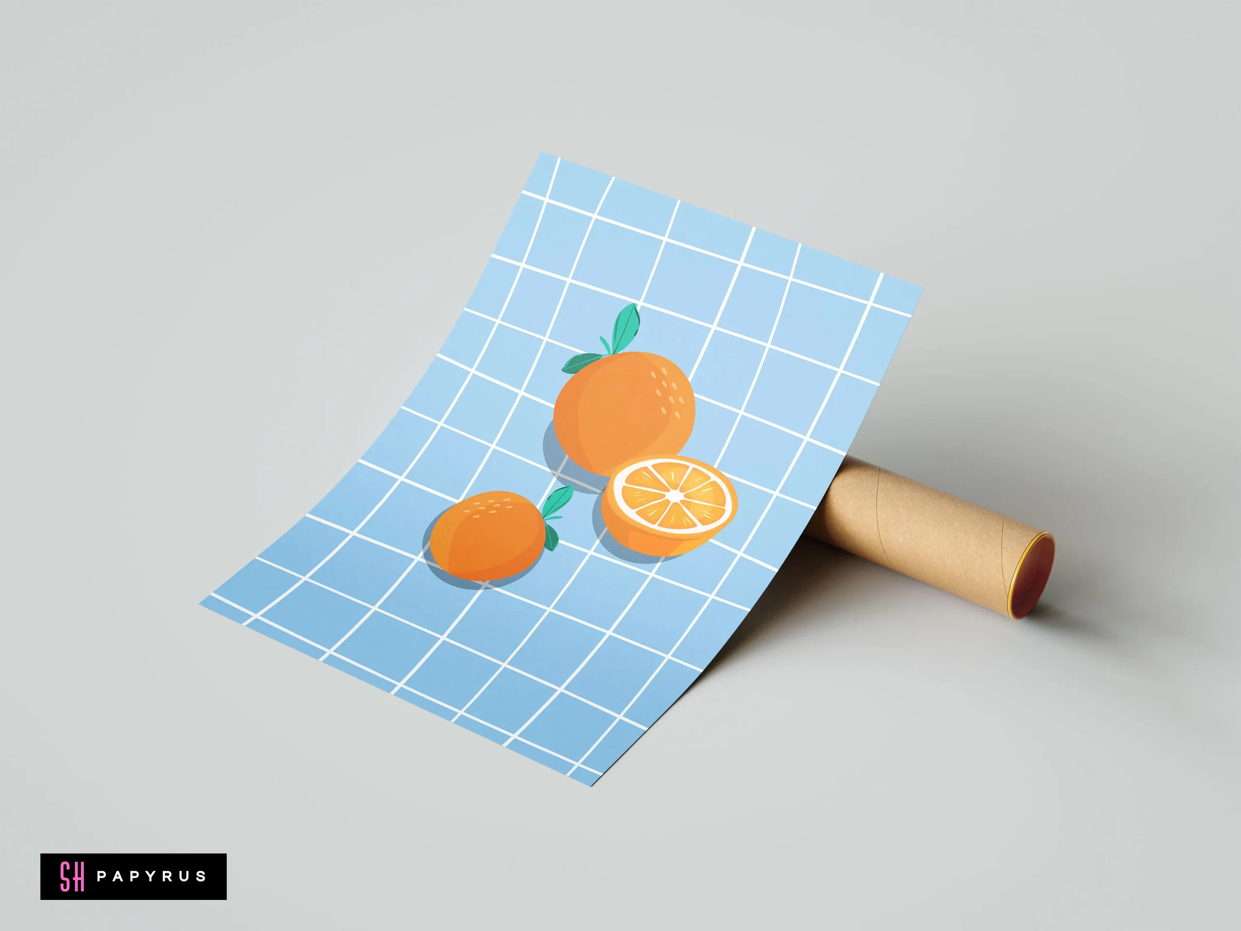 Minimalist illustration of oranges on a light blue grid background art print.