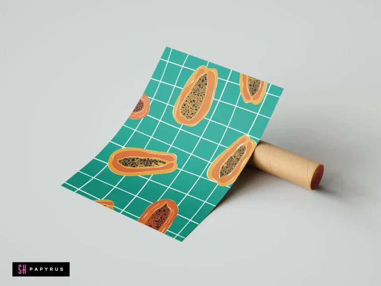 Colorful Matisse style art print with orange papayas on a teal green grid background.
