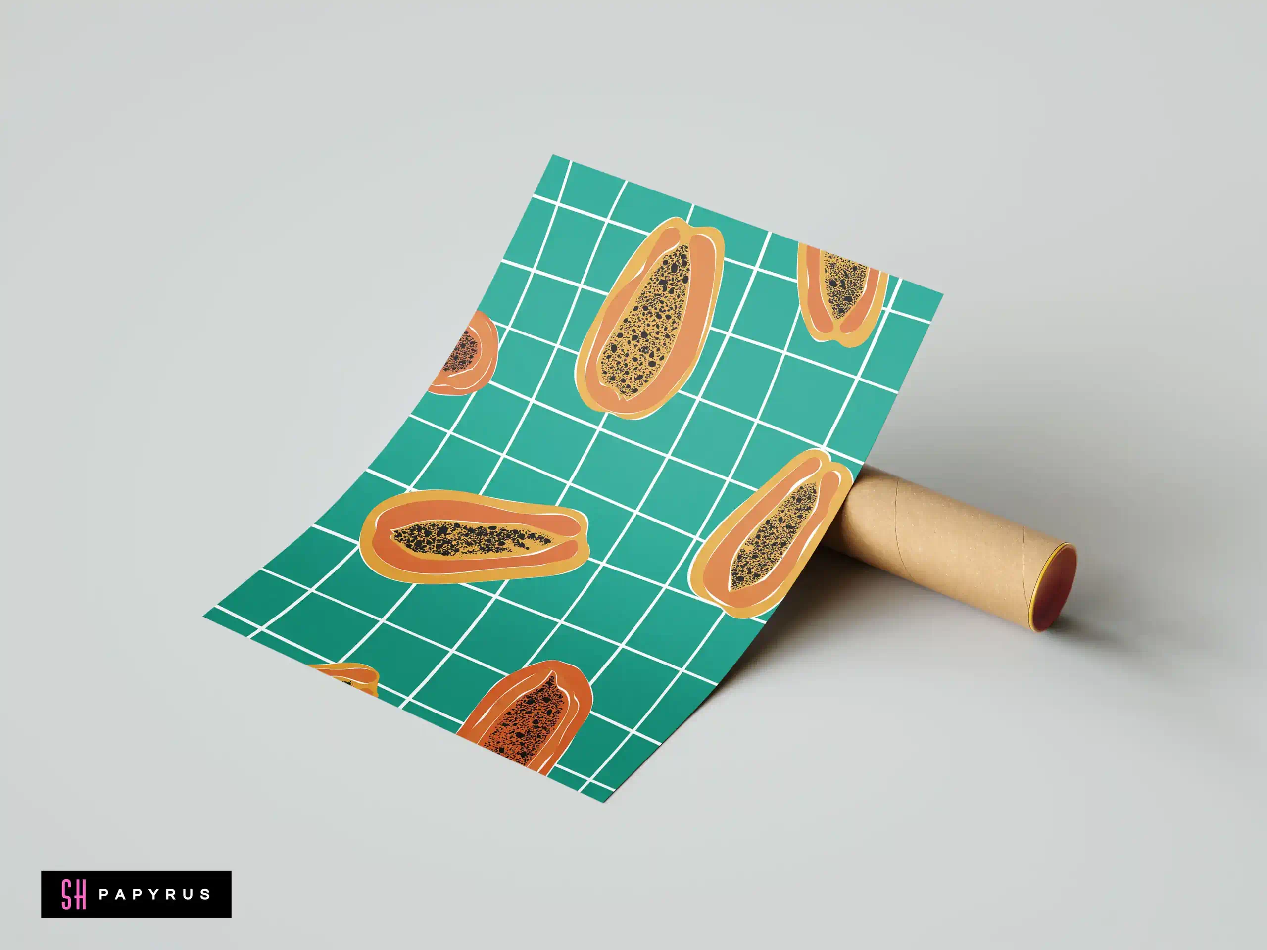Colorful Matisse style art print with orange papayas on a teal green grid background.