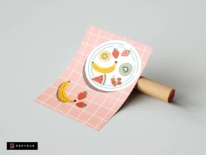Colorful abstract fruit still life on pink grid, Matisse-inspired kitchen wall art print.