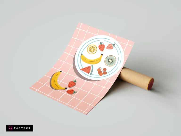 Colorful abstract fruit still life on pink grid, Matisse-inspired kitchen wall art print.