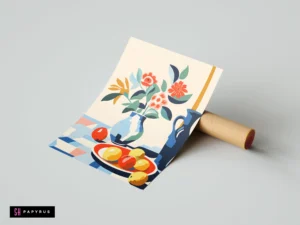 Vibrant kitchen art print with stylized flowers in a blue vase and colorful fruit.