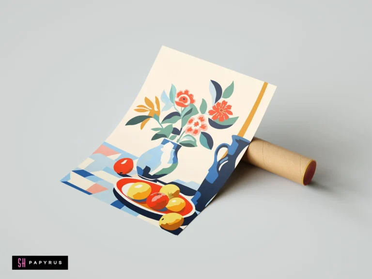 Vibrant kitchen art print with stylized flowers in a blue vase and colorful fruit.