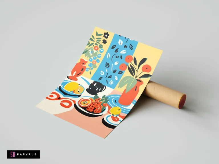 Vibrant Matisse-inspired still life poster with colorful fruit, flowers, and abstract patterns.