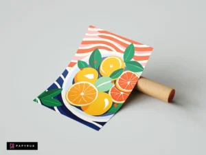 Vibrant pop art citrus fruit bowl illustration with colorful wavy background patterns.