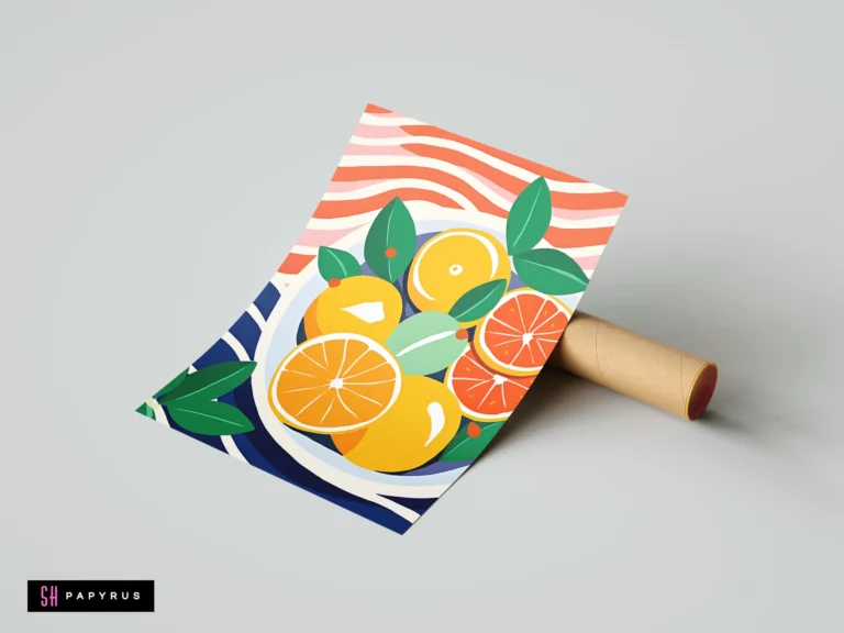 Vibrant pop art citrus fruit bowl illustration with colorful wavy background patterns.