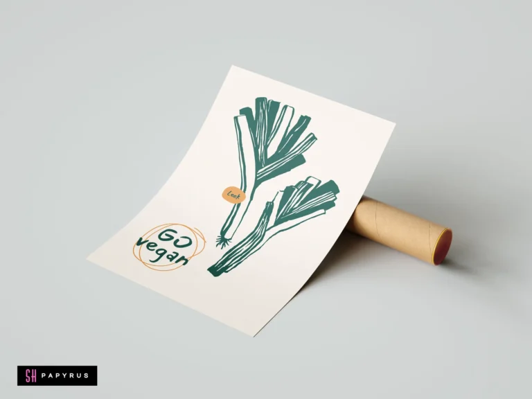 Minimalist green leek kitchen illustration on cream paper with orange 'Go vegan' text.