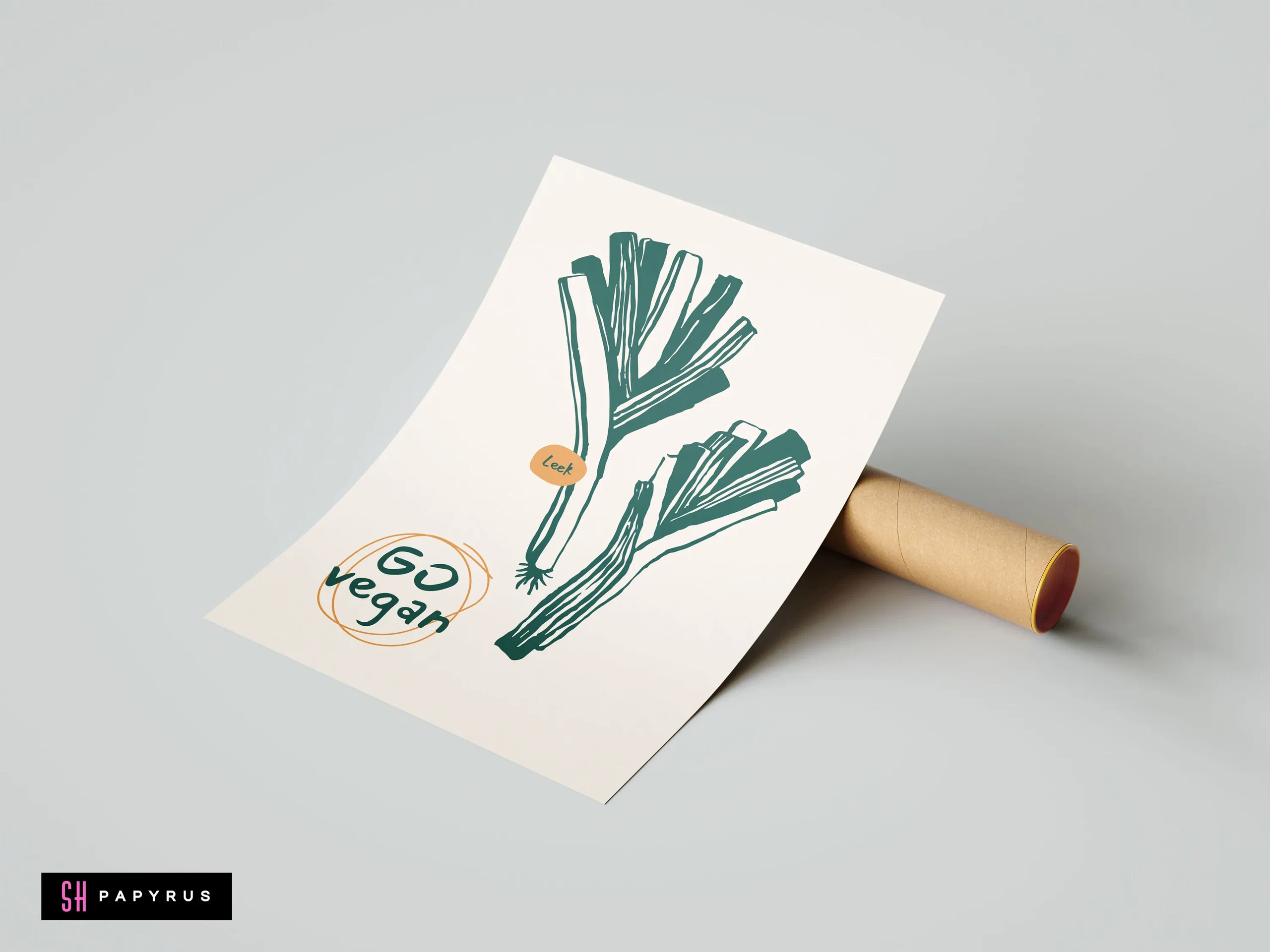 Minimalist green leek kitchen illustration on cream paper with orange 'Go vegan' text.